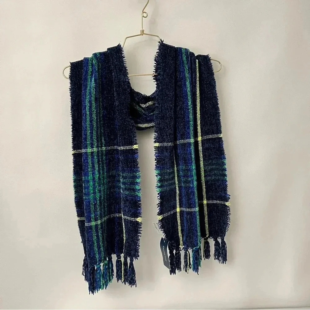 Charter Club Chenille Scarf Plaid Fringed Navy Blue Multicolored